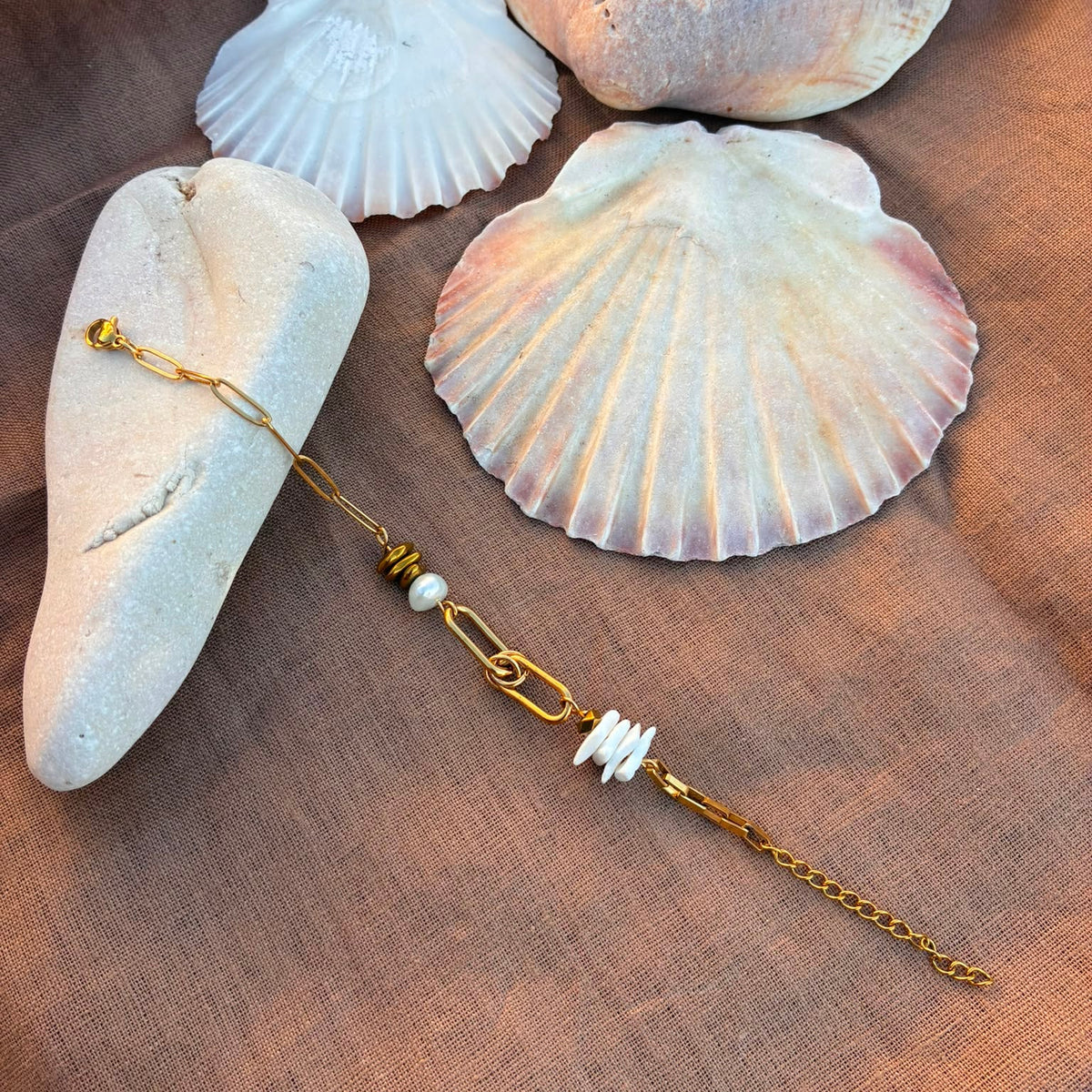 pulseira mix corrente pérola