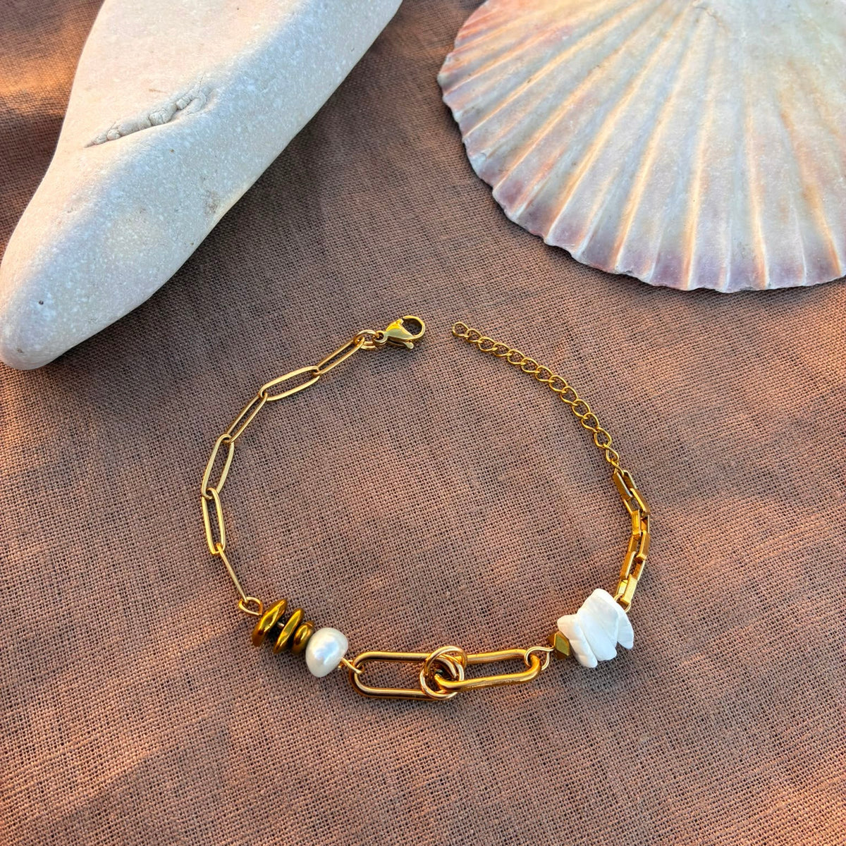pulseira mix corrente pérola